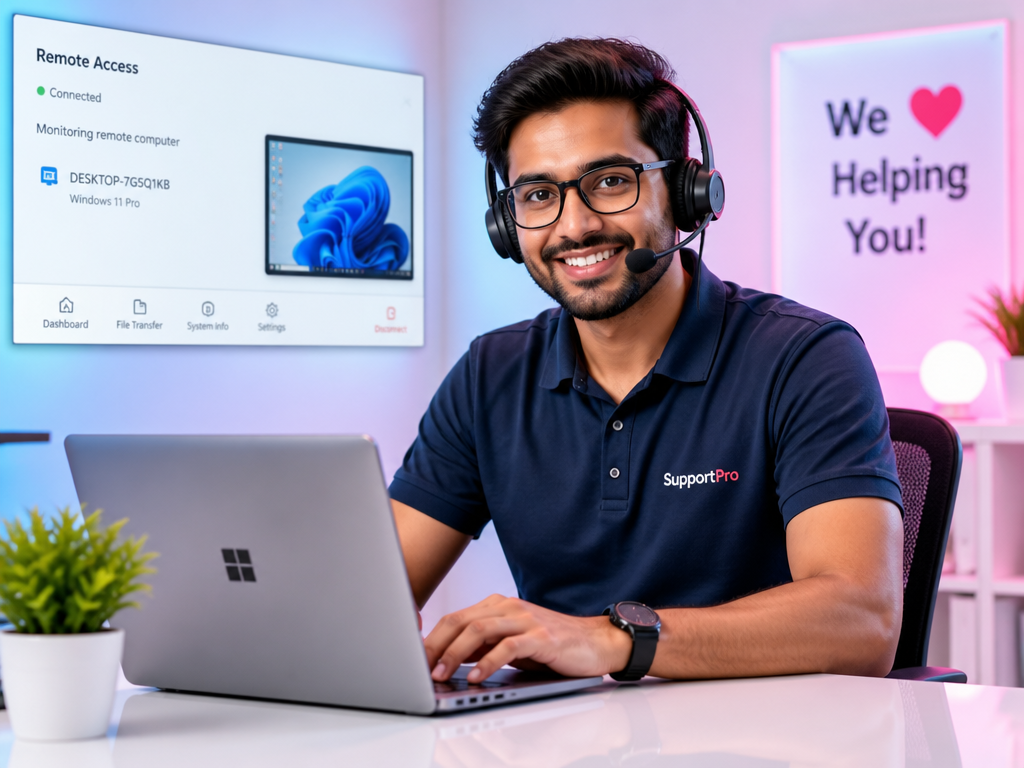 Support agent wearing a headset taking remote access of a machine on a laptop